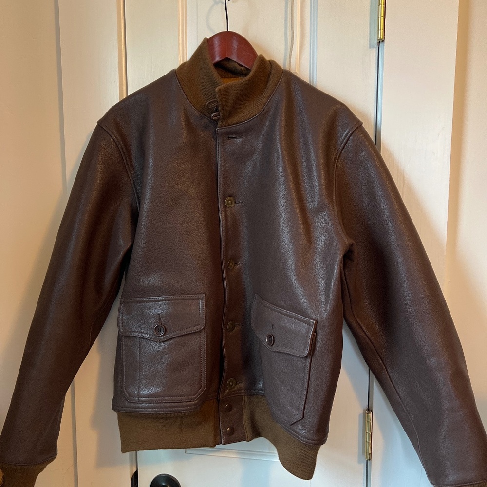 Bronson A-1 leather bomber jacket in brown goatskin